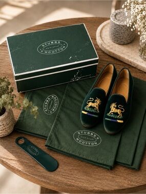 PRISTINE Stubbs & Wootton "Unicorn" Velvet Loafers Hunter Green 6B Full Set